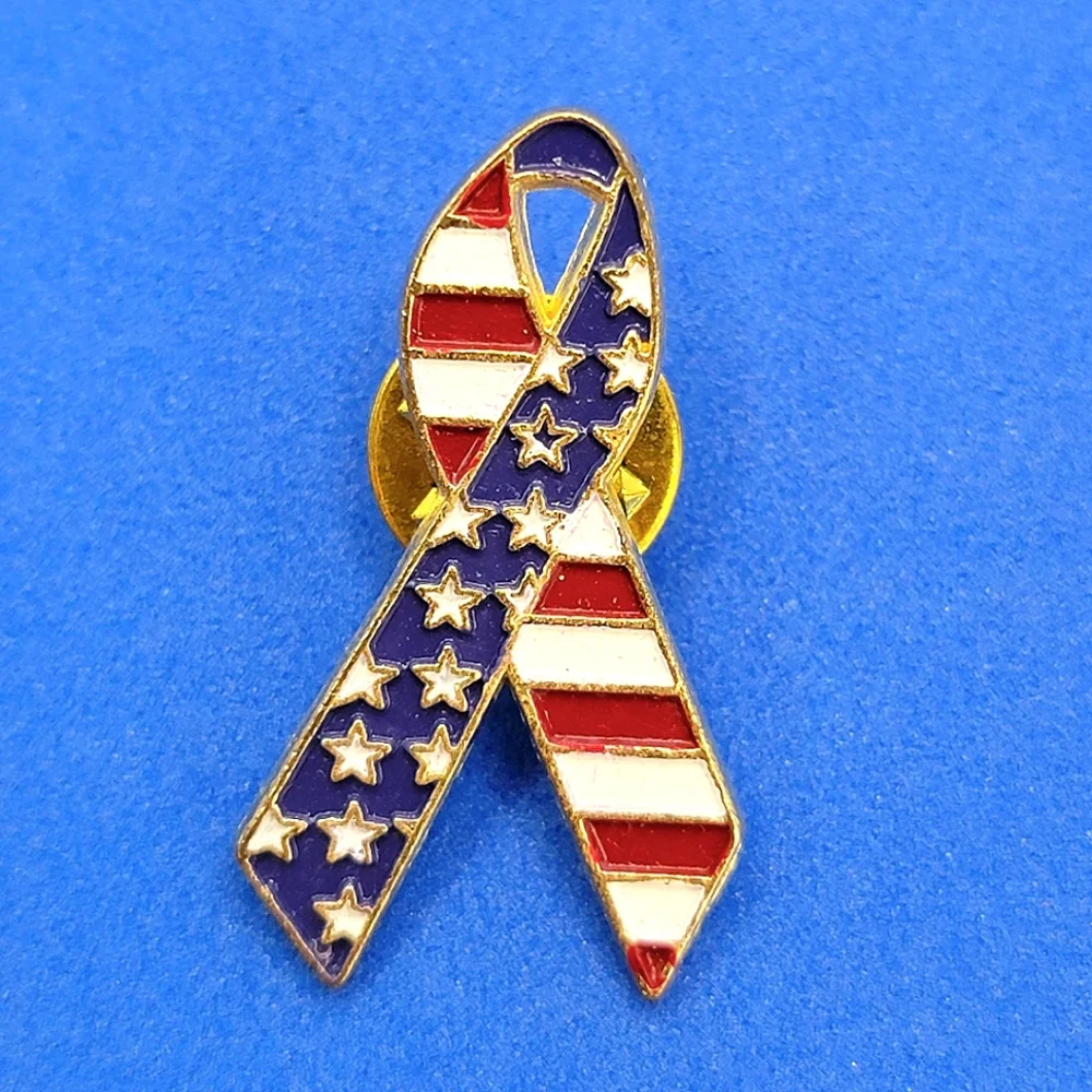 Vintage Stars and Stripes USA Flag Ribbon Traditional Gold Lapel Hat Pin